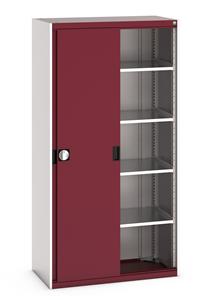 40013071.** Bott cubio cupboard with lockable sliding doors 2000mm high x 1050mm wide x 525mm deep and supplied with 4 x 100kg capacity shelves.   Ideal for areas with limited space where standard outward opening doors would not be suitable....
